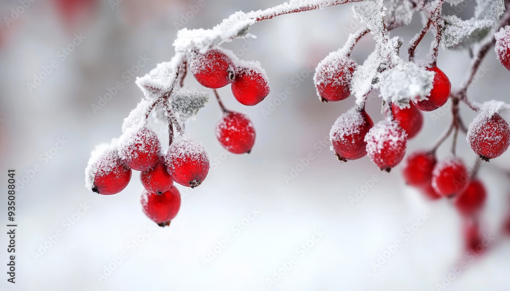 Snow-covered red berries on a branch against a white winter background. Perfect for winter-themed cards and natural holiday designs. Snow-covered red berries on a branch against a white winter background. Perfect for winter-themed cards and natural holiday designs.