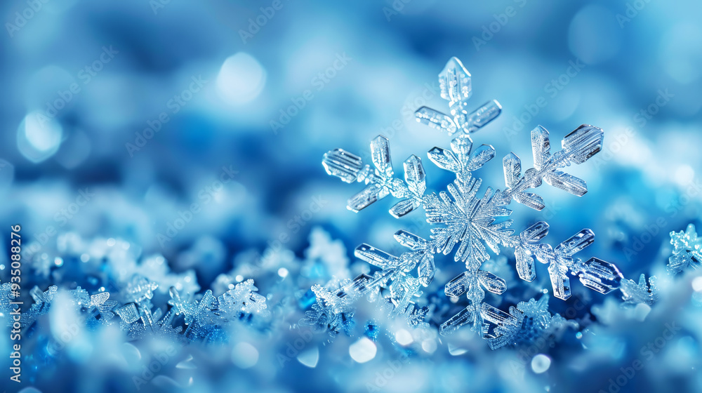 Close-up of a delicate ice crystal snowflake on a soft blue background. Ideal for winter themes and seasonal greeting cards. Close-up of a delicate ice crystal snowflake on a soft blue background. Ideal for winter themes and seasonal greeting cards.