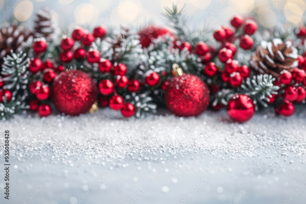 Red Christmas ornaments and berries on snow-covered pine branches with soft bokeh lights in the background. Ideal for holiday greeting cards and winter promotions. Red Christmas ornaments and berries on snow-covered pine branches with soft bokeh lights in the background. Ideal for holiday greeting cards and winter promotions.