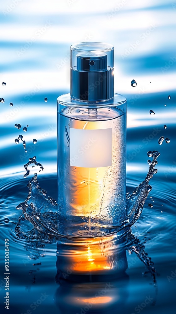 A bottle of perfume with water splashing out of it A bottle of perfume with water splashing out of it