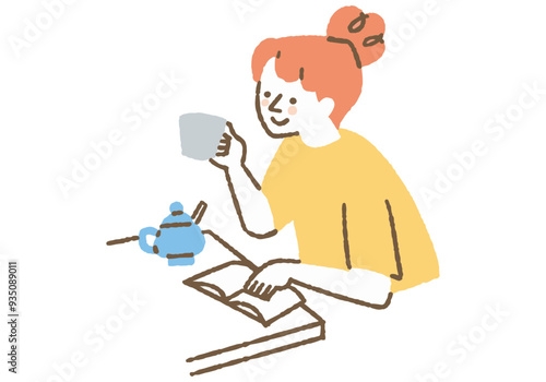 Woman reading a book while drinking coffee_Color