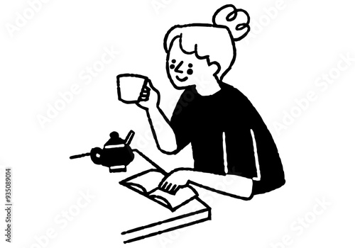 Woman reading a book while drinking coffee_2