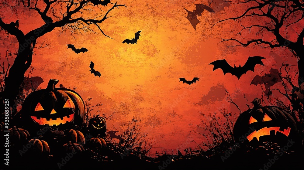 Halloween Night's Embrace: Eerie orange glow behind silhouetted trees and pumpkins, bats fly under a haunting moon. Halloween Night's Embrace: Eerie orange glow behind silhouetted trees and pumpkins, bats fly under a haunting moon.