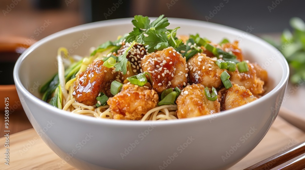 Close-up of a bowl of noodles with chicken, sesame seeds, and green onions. Close-up of a bowl of noodles with chicken, sesame seeds, and green onions.
