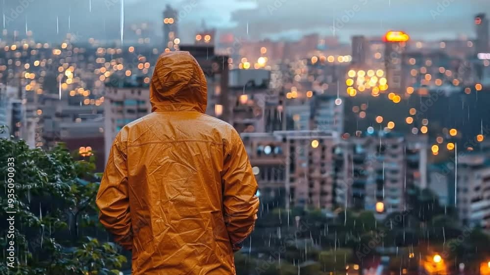 Man in yellow raincoat overlooks rainy cityscape at dusk Man in yellow raincoat overlooks rainy cityscape at dusk