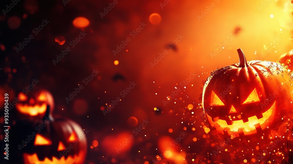 Fototapeta premium Halloween Pumpkin Glow: A dramatic and eerie scene with glowing jack-o-lanterns against a fiery orange backdrop.