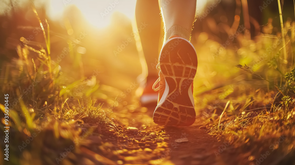 Close-up of a running shoe on a person jogging through nature, illuminated by beautiful sunlight. Close-up of a running shoe on a person jogging through nature, illuminated by beautiful sunlight.