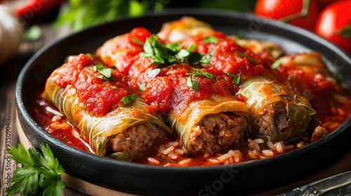 Close-up photo of delicious cabbage rolls. This photo can be used for food blogs, recipe websites, or social media posts.