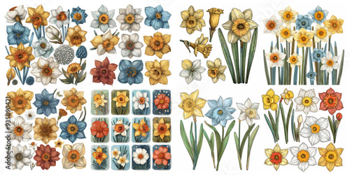 A collection of flower decals featuring various types of daffodils. The decals are colorful and arranged in different sizes and shapes, creating a vibrant and lively atmosphere