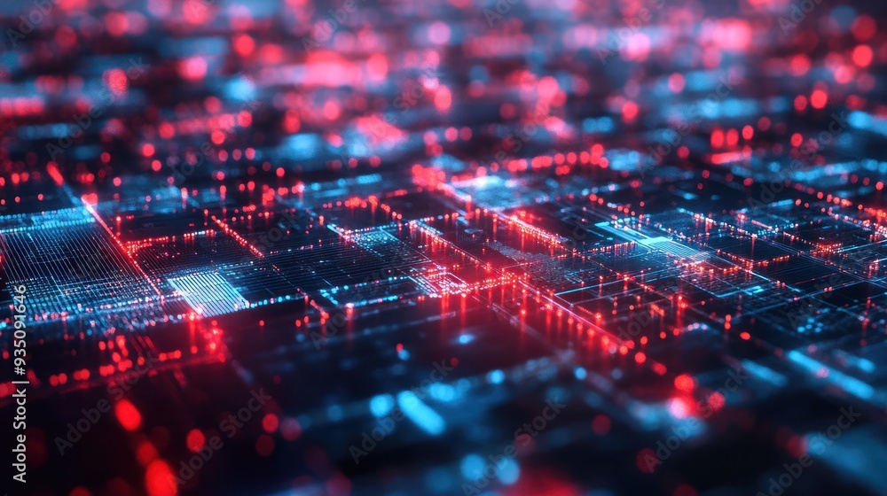 Abstract Digital Circuitry: Red and Blue Glowing Lines on a Grid Abstract Digital Circuitry: Red and Blue Glowing Lines on a Grid