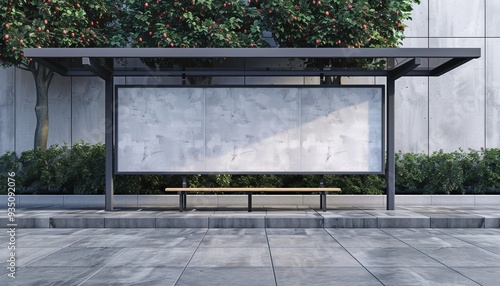 Minimalist Bus Stop with Bench  Empty Billboard  Concrete Wall Background  Clean Pavement  Urban Setting  Mockup  Copy Space