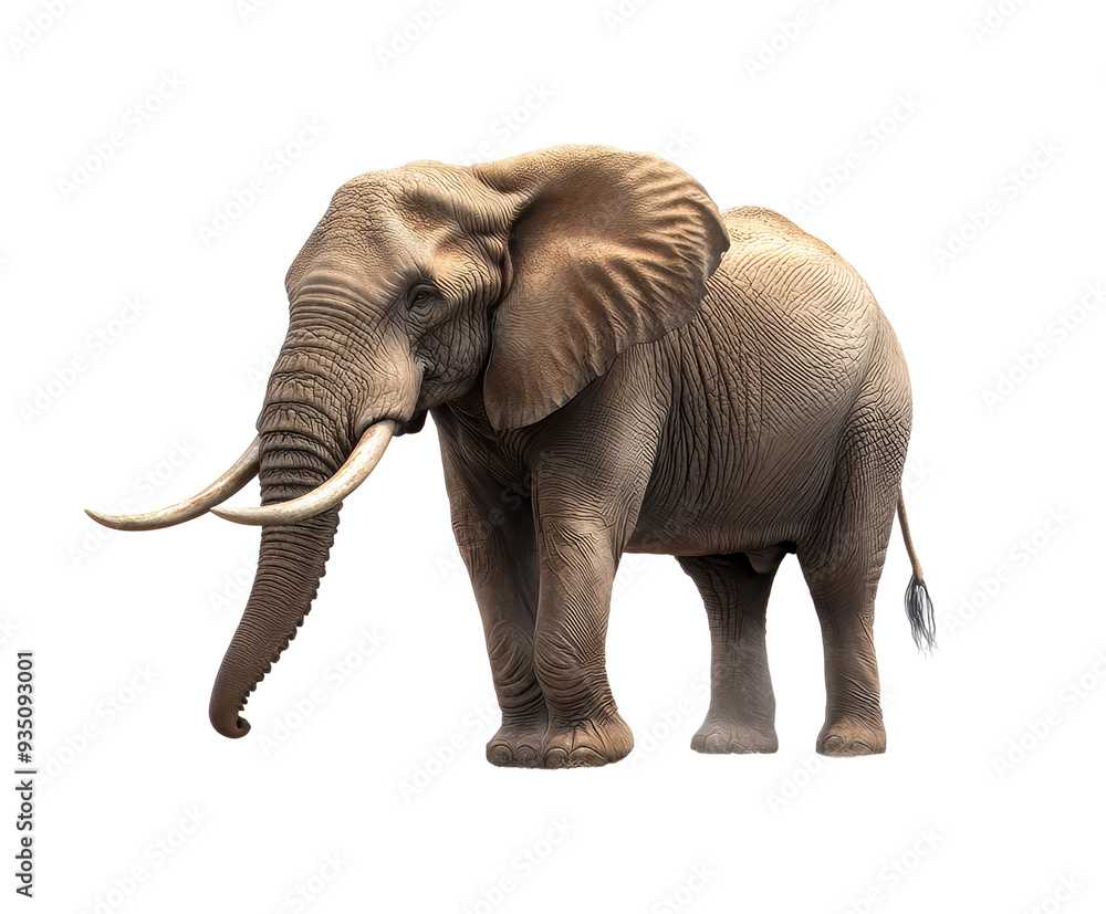 Fototapeta premium Majestic African elephant standing tall, showcasing its grandeur and strength against a white background. Perfect for wildlife projects.
