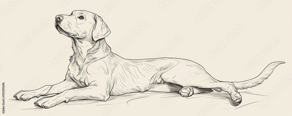 Fototapeta premium A realistic sketch of a dog lying down, showcasing its relaxed posture and gentle expression, perfect for pet lovers or artwork.