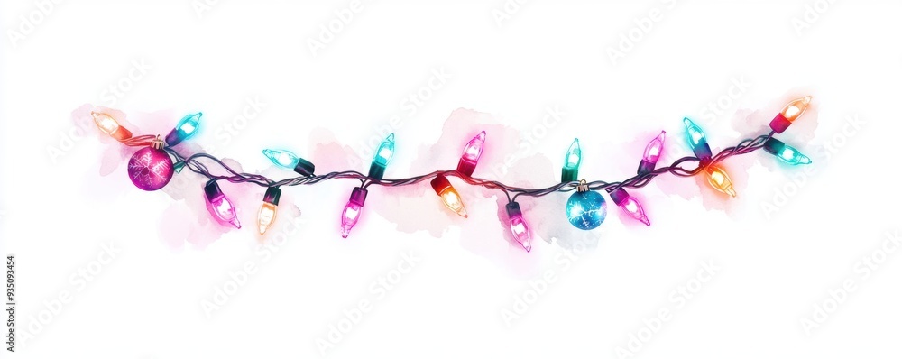 Obraz premium Christmas garland adorned with twinkling lights against a white background.