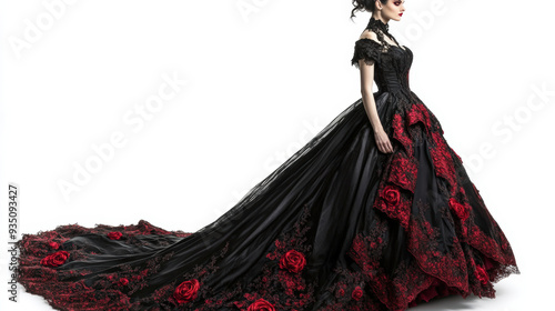 A woman in a black dress with a red rose on it