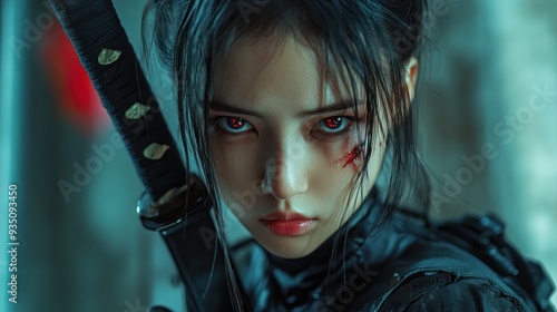 Woman close up face asian samurai assassin character mysterious dangerous looking sharp gaze background wallpaper AI generated photo