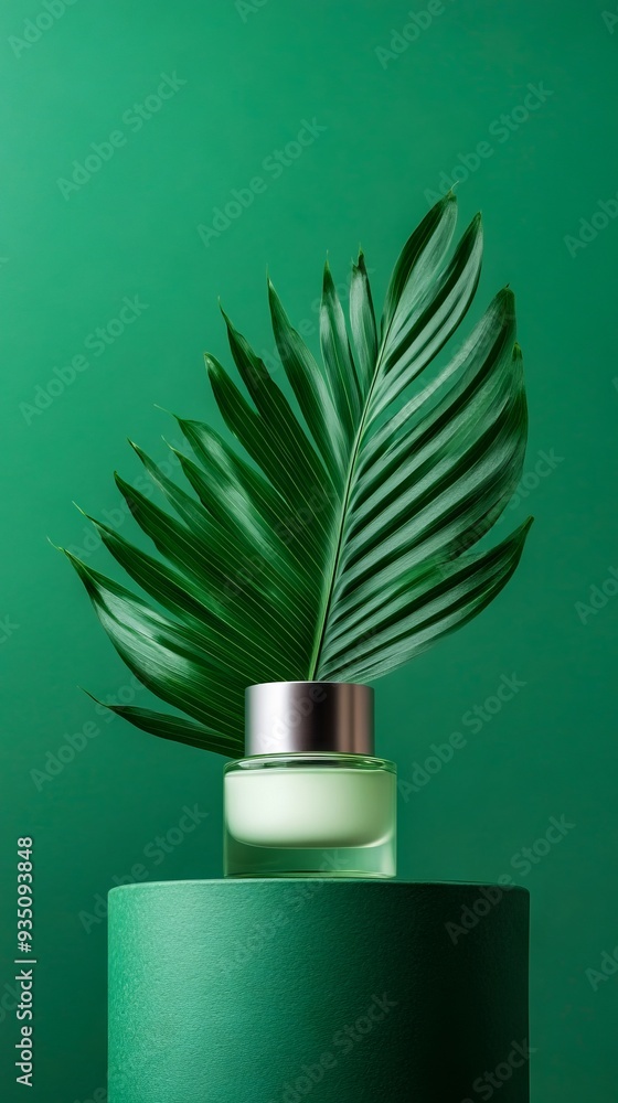 A bottle of perfume sitting on top of a green pedestal A bottle of perfume sitting on top of a green pedestal