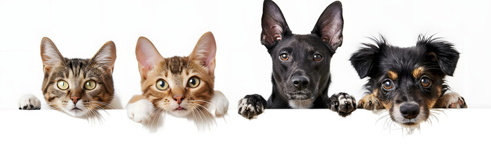 Cats and Dogs Peeking Over White Web Banner