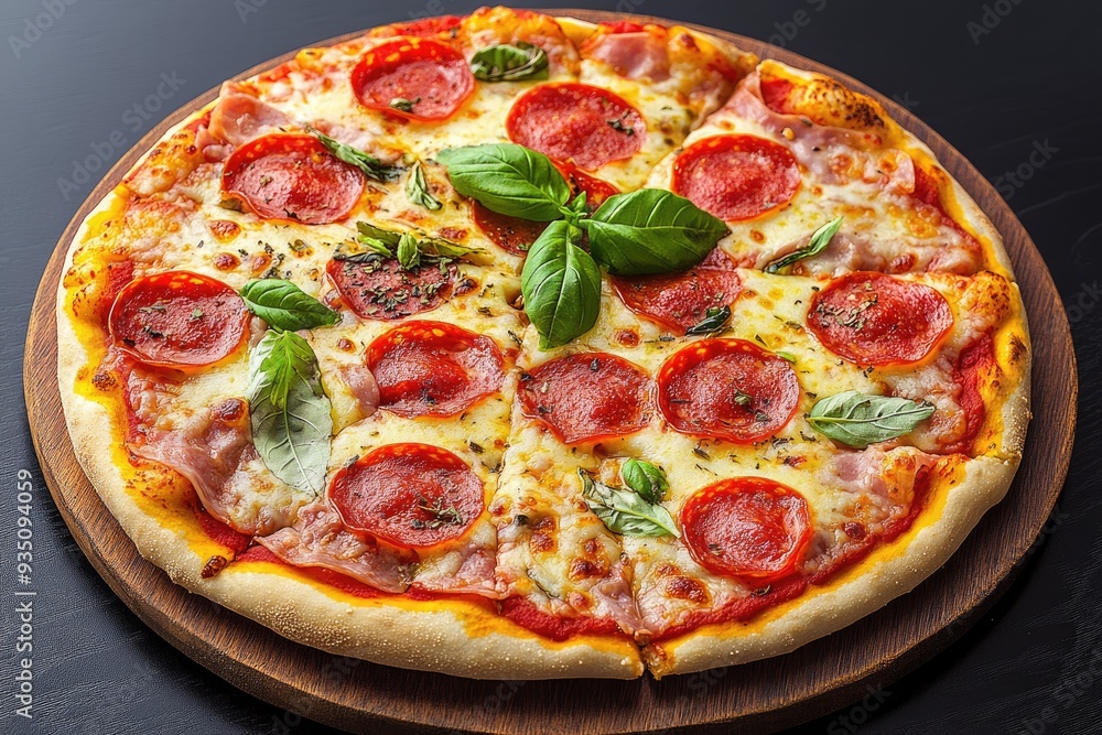 Pepperoni pizza with basil on a wooden board. Perfect for illustrating articles about food, Italian cuisine, or restaurants. Pepperoni pizza with basil on a wooden board. Perfect for illustrating articles about food, Italian cuisine, or restaurants.