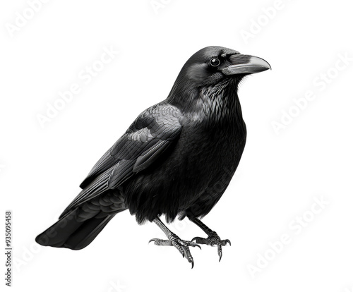 Close-up image of a black raven perched, showcasing detailed feathers and a sharp beak, isolated on a white background. sideview PNG.