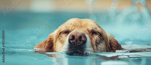  A tight shot of a poised dog over a pool of water, eyes shut, head above the surface photo