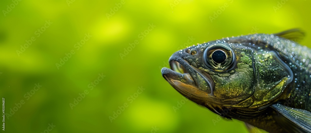 A tight shot of a fish swimming in water, surrounded by green algae on the backdrop, while the background softly blurs A tight shot of a fish swimming in water, surrounded by green algae on the backdrop, while the background softly blurs