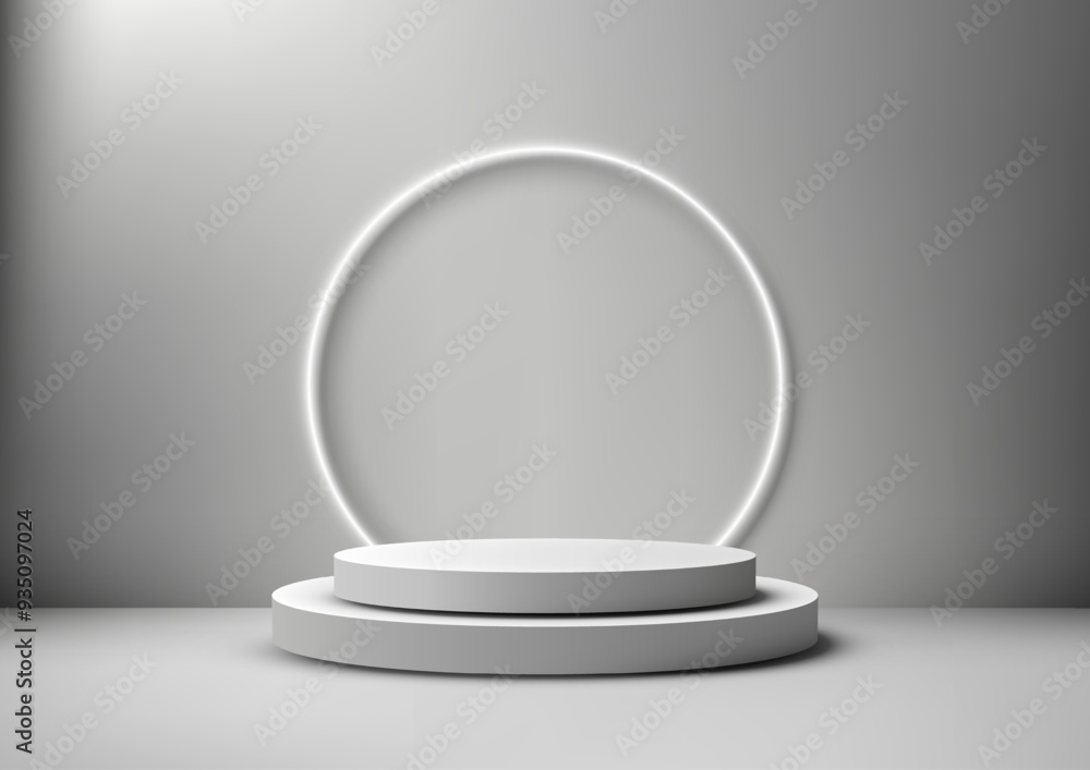 3D White Podium with Layers and Circular Light Frame, Modern and Product Display for Clean Gray Background 3D White Podium with Layers and Circular Light Frame, Modern and Product Display for Clean Gray Background