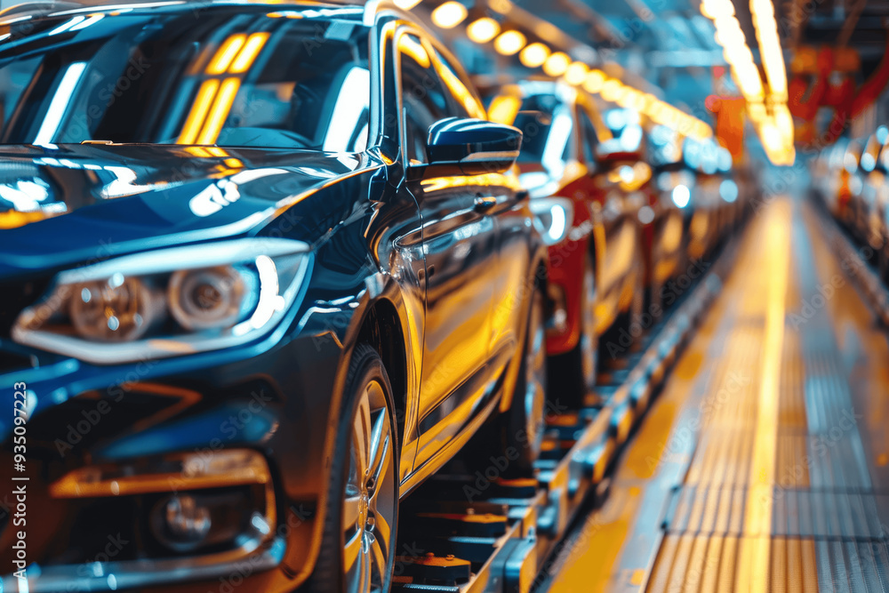 Car Production Line In Factory With Cars Being Assembled Under Bright Lights Car Production Line In Factory With Cars Being Assembled Under Bright Lights