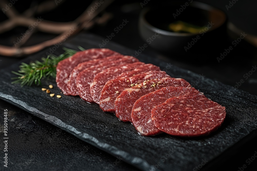 Thinly sliced raw beef on black plate. Perfect for showcasing Korean BBQ recipes and grilling techniques. Thinly sliced raw beef on black plate. Perfect for showcasing Korean BBQ recipes and grilling techniques.