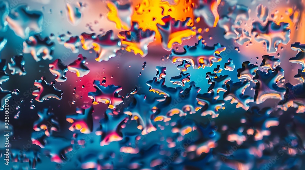 Droplets of liquid dropping on a surface of water splattering and creating puzzles bright abstract at dusk