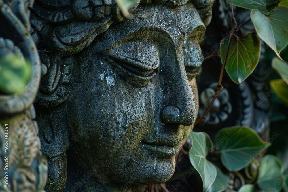 A serene Buddha statue seated amidst lush green foliage, symbolizing tranquility and peace in nature, A guardian with a soothing presence, AI generated A serene Buddha statue seated amidst lush green foliage, symbolizing tranquility and peace in nature, A guardian with a soothing presence, AI generated