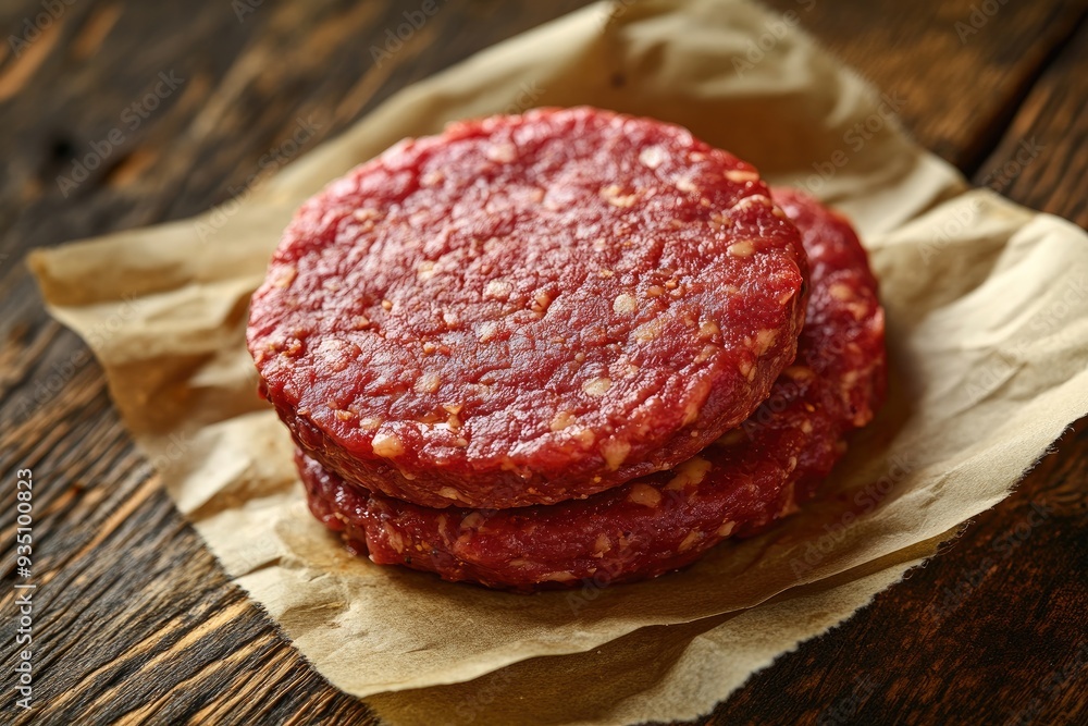 Raw hamburger patties on paper. Perfect for showing the process of making burgers. Raw hamburger patties on paper. Perfect for showing the process of making burgers.