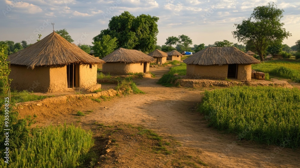A traditional South Asian village with mud huts and open fields, offering space for educational content. A traditional South Asian village with mud huts and open fields, offering space for educational content.
