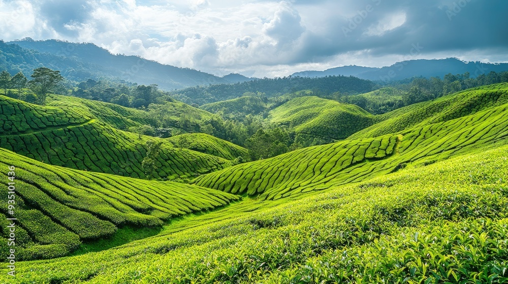 Lush green tea plantations in South Asia, with rolling hills and sky for promotional text. Lush green tea plantations in South Asia, with rolling hills and sky for promotional text.