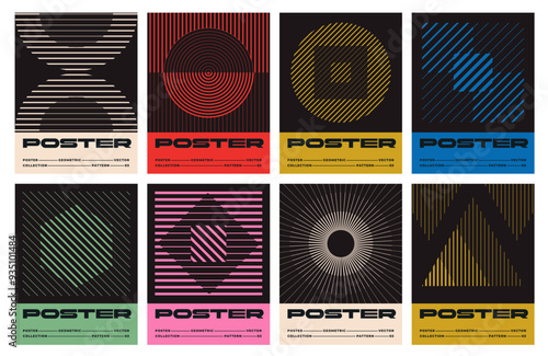 Set Of Swiss Design Posters. Minimalistic Bauhaus style posters with geometric shapes, lines and text template. Avant garde flyers. Abstract vector illustration collection isolated on white background