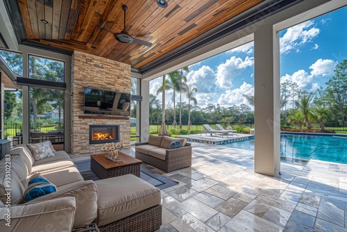 High-end outdoor fireplace with stone paver flooring and wood ceiling, pool view from covered patio with sliding glass doors, sunny day with clouds in Florida. photo