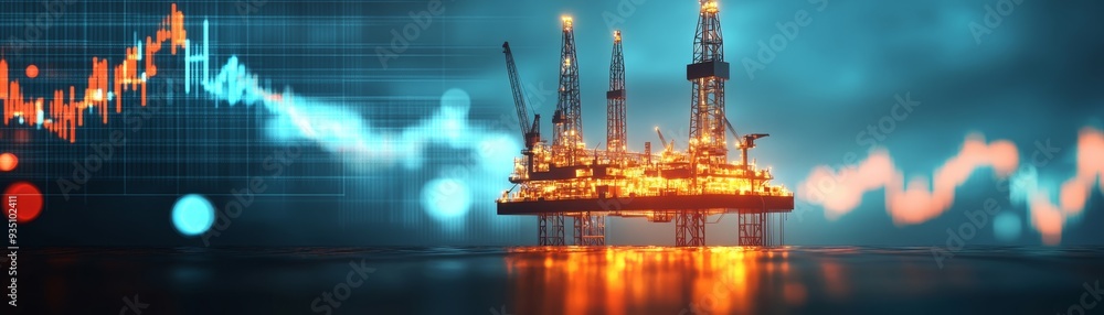 Energy Production and Economic Shifts: Offshore Oil Rig in Dusky Sky with Market Charts Background Energy Production and Economic Shifts: Offshore Oil Rig in Dusky Sky with Market Charts Background