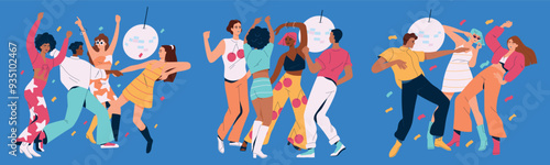 Set of people at disco party. Crowd of happy men and women in retro clothes dancing at disco. Hangout at nightclub. Friends have fun and celebrate. Flat vector illustration isolated on background