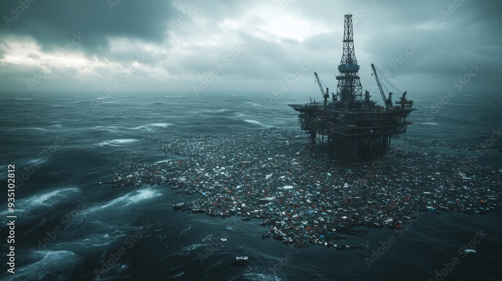 Industrial Conquest: Oil Rig Among Ocean Pollution - Environmental Conflict Concept Industrial Conquest: Oil Rig Among Ocean Pollution - Environmental Conflict Concept