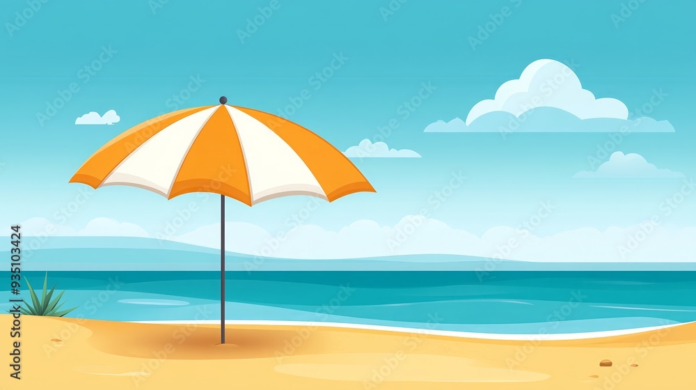 Scenic beach with an orange and white umbrella, blue ocean, and clear sky. Perfect for summer vacation and relaxation themes. Scenic beach with an orange and white umbrella, blue ocean, and clear sky. Perfect for summer vacation and relaxation themes.