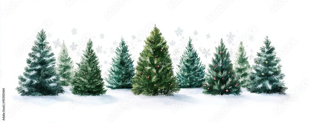 Obraz premium Christmas tree farm, featuring rows of evergreen trees against a white background.