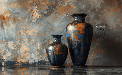 Wallpaper Mural Two Rustic Vases Against Weathered Textured Wall With Shades Of Blue Gray And Orange Torontodigital.ca