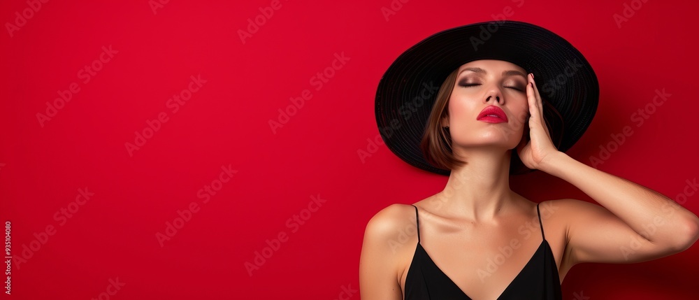 A woman in a black dress and hat, eyes closed, hands behind head, silhouetted against a red backdrop A woman in a black dress and hat, eyes closed, hands behind head, silhouetted against a red backdrop