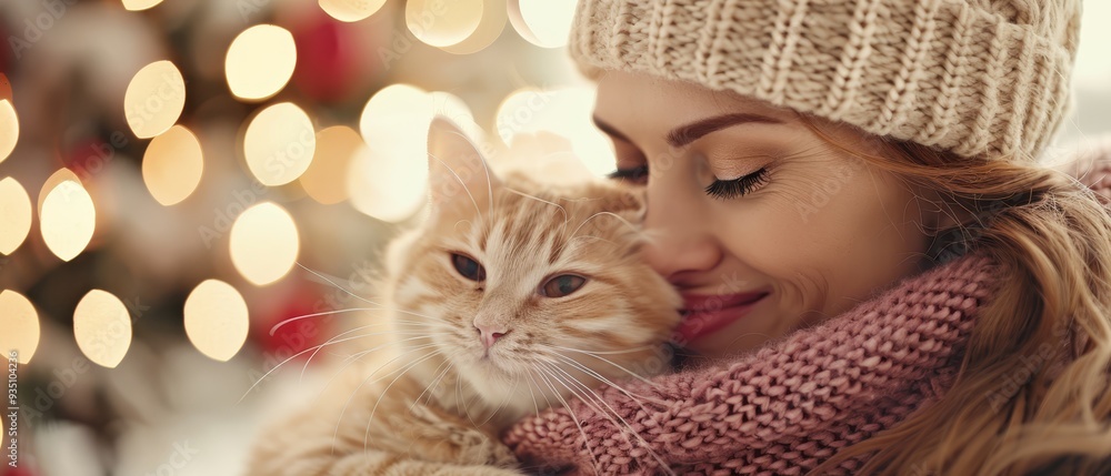 A woman cradles a cat before a Christmas tree, lit wall behind A woman cradles a cat before a Christmas tree, lit wall behind