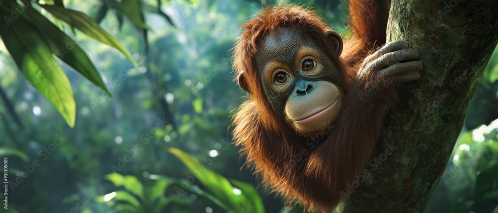 Fototapeta premium Curious Young Orangutan Swinging in Lush Jungle Habitat - Rainforest Conservation Concept