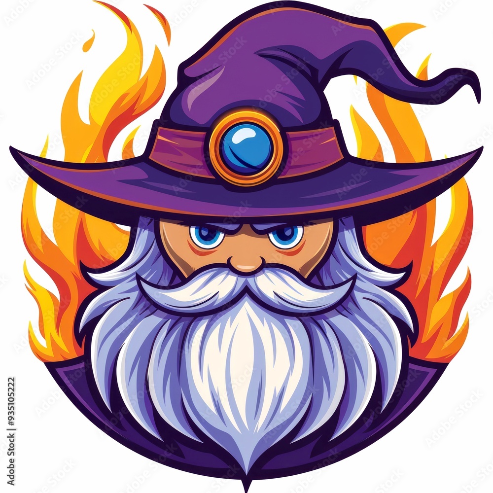 Fototapeta premium Fiery Wizard with Purple Hat and Long White Beard