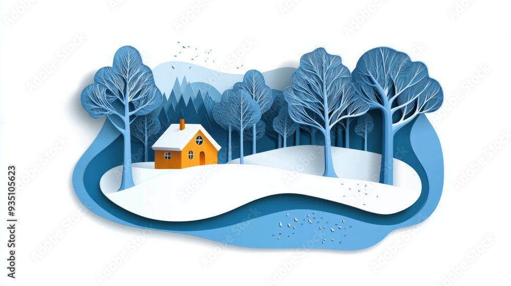 Naklejka premium Paper art style of trees, foggy sky, and a cabin in a white background