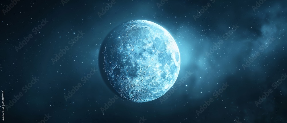 Fototapeta premium An artist's depiction of a blue planet amidst the night sky, speckled with stars behind