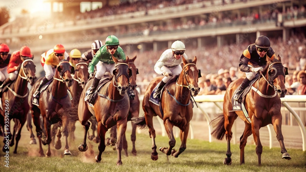 Spring Racing Carnival, horses galloping on the lush green track, background of spectator stands full of cheering people, Spring Racing Carnival, horses galloping on the lush green track, background of spectator stands full of cheering people,