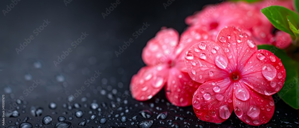 A table holds numerous pink blooms above, its black surface dotted with raindrops and beneath, reside green foliage A table holds numerous pink blooms above, its black surface dotted with raindrops and beneath, reside green foliage